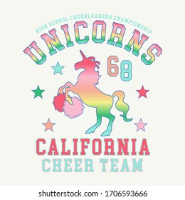 Girl sport cheer team typography, tee shirt graphics, vectors, hand drawn artwork, unicorn illustration