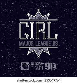 Girl sport emblem in retro style. Trendy graphic design for t-shirt. Color print on a black  background