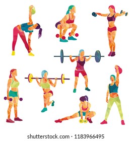 Girl sport. Girl fitness, gym, body-building, workout, powerlifting. Healthy lifestyle. Vector illustration