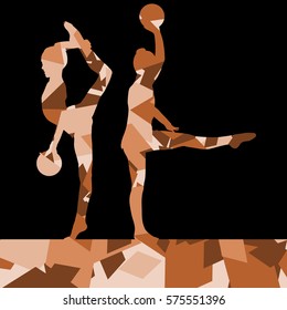 Girl sport gymnast silhouette with ball in abstract graphic mosaic background illustration vector