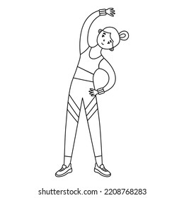 Girl in sport outfit working out, woman doing fitness icon, doodle of bending exercise, training in gym, vector illustration of sportswear, healthy lifestyle, sports bra, isolated outline clipart