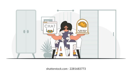 Girl sporting trendy AI brain, vector illustration.
