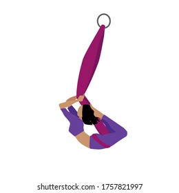 Girl. Sports activities with a ribbon or hammock. Aerial Yoga. Stretching exercises. Anti-gravity relaxation. Sport, healthy lifestyle and fitness training vector illustration.