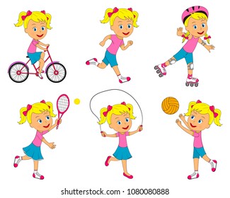 girl sports activities set, ride bike, run,roller skating, tennis, lump rope, play volleyball,illustration,vector