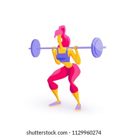 Girl of sports appearance is engaged in fitness Athletic training in weightlifting Athlete lifts the barbell Healthy lifestyle Isolated character on a white background Vector illustration