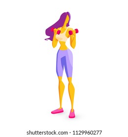 Girl of sports appearance is engaged in fitness Sports training Young woman with dumbbells Beautiful body Healthy lifestyle Isolated character on a white background Vector illustration