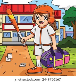 Girl with a Sports Bag and a Baseball Bat Colored 