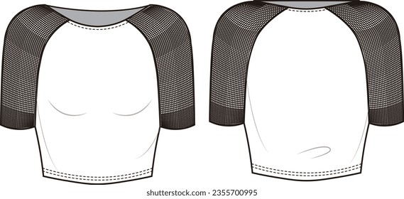 Girl sports bra fashion flat sketch template. Women's sportswear with mesh crop top technical fashion illustration. Front and back views. Fashion technical sketch outlining clothing model.