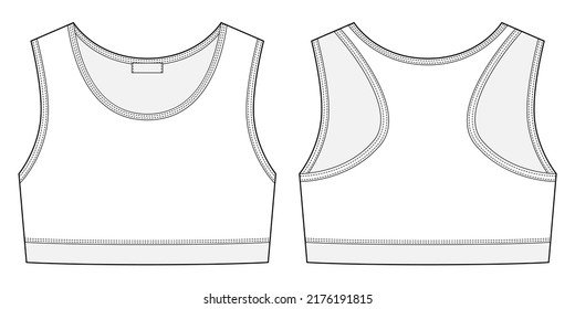 Girl sports bra technical sketch illustration. Women's yoga underwear design template. Casual underclothing. Front and back views. Vector CAD design