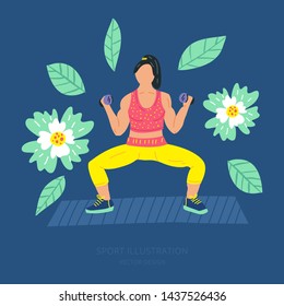 Girl in sports clothes doing exercise with dumbbells. Workout, training hand drawn flat illustration. It can be used in advertising, web design, graphic design. 