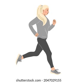 A girl in sports clothes is running, a full-length profile view. Flat vector illustration.