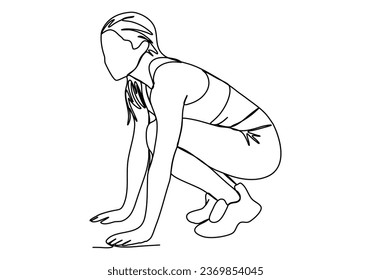 Girl in sports clothes stands at a low start before starting to run One line drawing, vector illustration.