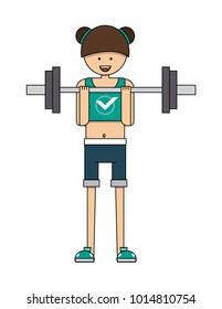 girl with sports equipment, sportsman with dumbbells, new at the gym, light weight, cartoon character, vector image, flat design