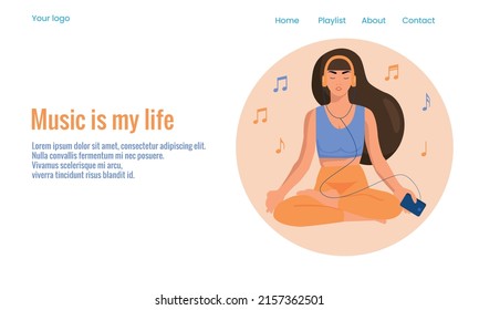 Girl Sports Fitness or Yoga Activity Listening Music Website Landing Page. Woman Healthy Sport Lifestyle