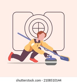 Girl sports play curling on the ice of curling sports. Winter Olympic. Vector colorful illustration.