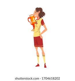 Girl in Sports Uniform Posing with Winner Cup, Happy Female Athlete Celebrating Her Victory Vector Illustration