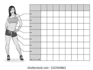 Girl in sportswear. Black-white version. Table of measurements of body parameters for tracking sports and dietary effects. Table: week, chest, arm, waist, waist to hips, hips, thigh, calf, weight.

