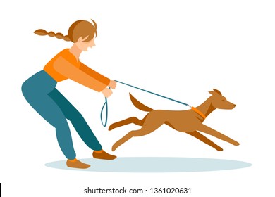 A girl in sportswear can hardly keep an active dog on a leash. Walk with a furry friend. Flat style, vector illustration