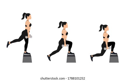 Girl in sportswear doing exercises with dumbbells on step platform, isolated on white background. Vector illustration in flat design