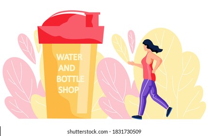 Girl in sportswear jogging alone, against the background of large leaves and a plastic glass with an inscription water and bottle shop. Slender woman running, goes in for sports does cardio exercise