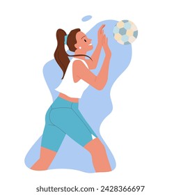 Chica en ropa deportiva jugando voleibol. Mujer joven atleta que se mueve para atrapar, lanzar o empujar la bola y jugar activo juego del deporte del verano, jugador femenino lindo que corre para saltar ilustración vectorial de dibujos animados