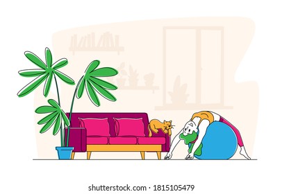 Girl in Sportswear Relaxing on Fitball During Stretching, Training Workout. Fitness Woman Character Doing Exercises for Healthy Lifestyle, Fitness Sport Activity. Linear Vector Illustration