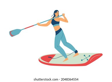 Girl in sportswear ride on paddle board in sea, ocean or lake waves. Young woman enjoy of sup surfing - extreme water sport. Flat cartoon vector illustration isolated on white.