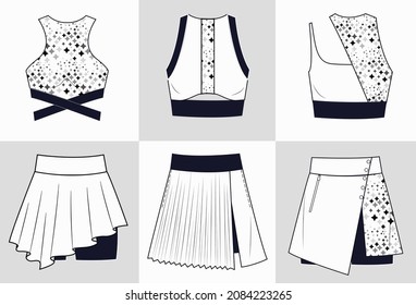 Girl sportswear set fashion flat templates. Sports wear fashion design set. Women tennis clothing fashion concept. Fitness Fashion tops and skirt-shorts.