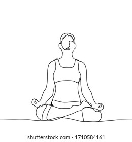 girl in sportswear sits cross-legged and meditates. One continuous line drawing of a girl engaged in yoga, meditation, relaxation, relaxation, mental health, Can be used for animation.