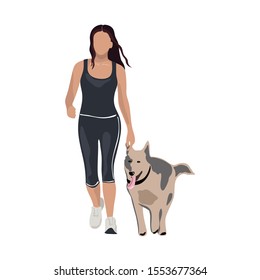 A girl in sportswear and sneakers walks a dog. Walk with the dog. Vector illustration.