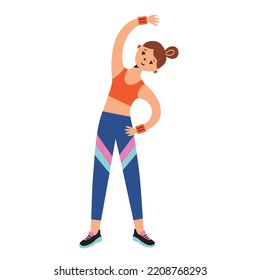 Girl in sportswear training, doing fitness exercises, woman working out in gym, sport outfit icon, vector illustration of healthy lifestyle, sports bra, leggings, wrist weights, colored clipart