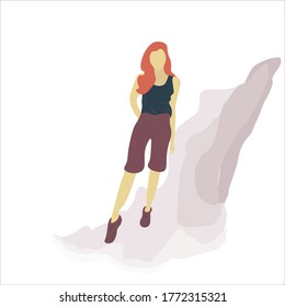 girl in sportswear. woman flat design on a white background. long shorts, breeches, tank top. model on a white background. print for clothes, fashion. vector eps 10.avatar for social networks.Red hair
