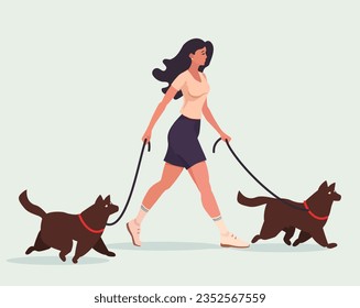 A girl with a sporty appearance on a walk with two dogs. Vector graphic illustration isolated on white.