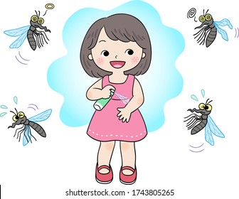 La niña roció líquido antimosquitos en su cuerpo, y los mosquitos no se atrevieron a acercarse.