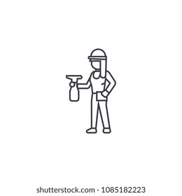girl with a sprayer vector line icon, sign, illustration on background, editable strokes