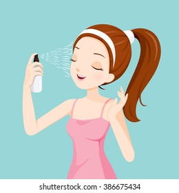 Girl Spraying Mineral Water On Her Face, Treatment, Skin, Beauty, Cosmetic, Makeup, Healthy, Lifestyle