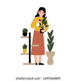 Girl spraying water home flowers. Woman caring for houseplants. Flat vector cartoon modern illustration.