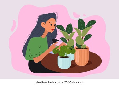 Girl sprays her house plants. Flat vector illustrations.