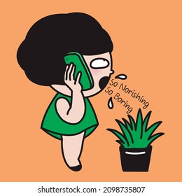 Girl is Spreading Droplets On Plants While Talking To Someone on Smartphone Concept Card Character illustration