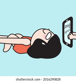 Girl is Spreading A Mobile Screen As Far As She Can With Her Super Long Arms Because She Can't See Well Mid Shot. Long Sighted Vision Problem Concept Card Character illustration