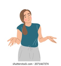The girl spreads her hands in an apologetic gesture. The woman apologizes for not being able to help. Flat vector illustration.