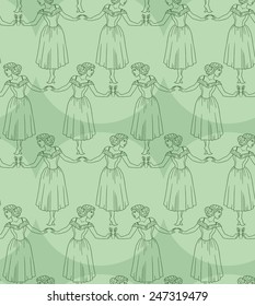 Girl with a sprig in a lush green dress pattern