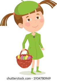 Mädchen in Frühlingsbekleidung mit einem Korb, in dem mehrfarbig
Eier zum Feiern, die für die Osterfeier vorbereitet werden.