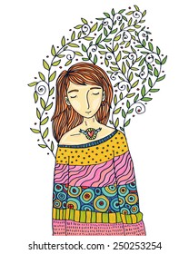 Girl spring dreams color illustration.