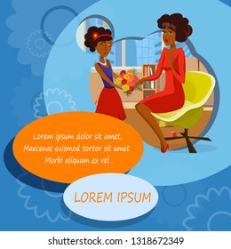 Girl with Spring Flowers Bouquet Vector Banner. Mothers Day, Birthday, Anniversary Postcard with Text Space. Daughter giving Present to Mother Flat Drawing. Dark Skin Cartoon Female Characters