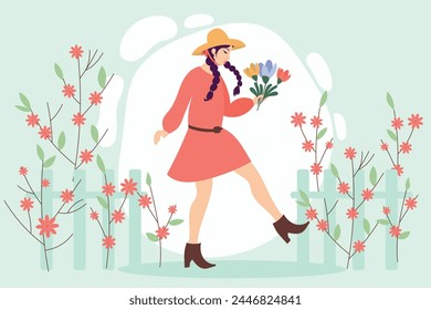  A girl with spring flowers in hands. Vector spring frame.