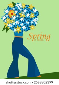 girl spring has come spring has come, long legs in bell-bottom jeans carry a huge bouquet of spring colorful flowers women's day