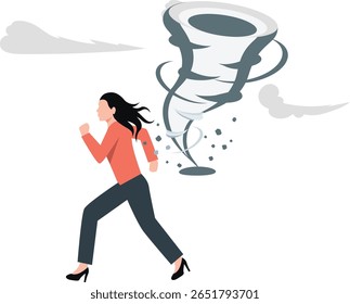 A garota corre freneticamente, com medo nos olhos, desesperada para superar o ameaçador tornado se aproximando atrás dela, sua enorme nuvem de funil escurecendo o céu.