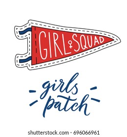 Girl squad. Girls patch. Isolated illustrations - great for stickers, embroidery, badges. Design style of 80s-90s. Feminism quote.