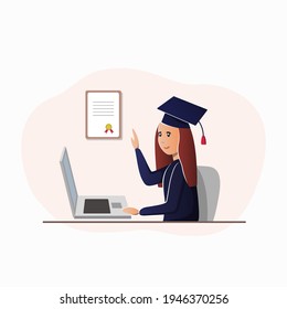 Girl in square academic cap attending virtual graduation ceremony